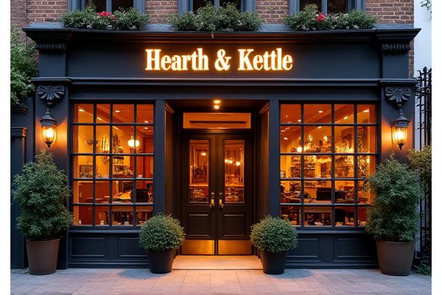 The cozy and inviting exterior of Hearth & Kettle cafe, with warm lights and a welcoming entrance.