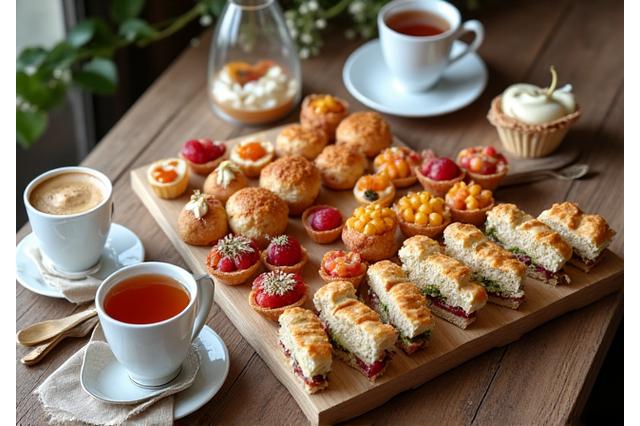 Delightful catering spread with mini sandwiches and pastries