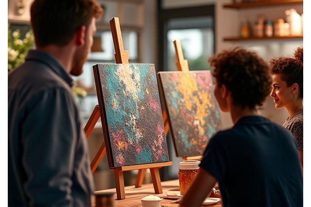 Local artist displaying paintings in a cafe with customers observing