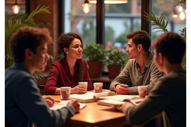 People gathered around tables discussing books in a cozy cafe setting