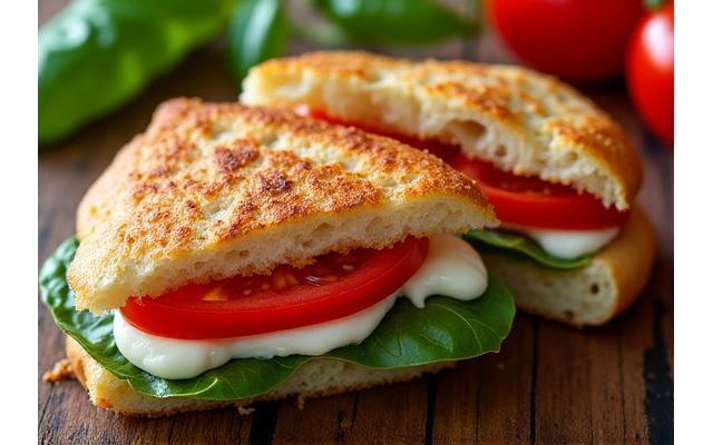 A grilled Caprese Panini with melted mozzarella, fresh basil, and ripe tomatoes.