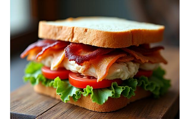 A perfectly stacked Chelsea Club sandwich on toasted sourdough with roast chicken, smoked bacon, tomato, and lettuce.