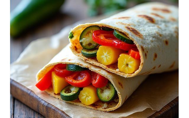 A grilled Halloumi and roasted vegetable wrap, cut in half to show the vibrant filling.