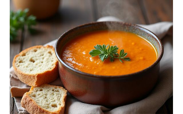 A steaming bowl of vibrant seasonal soup with a side of rustic bread.