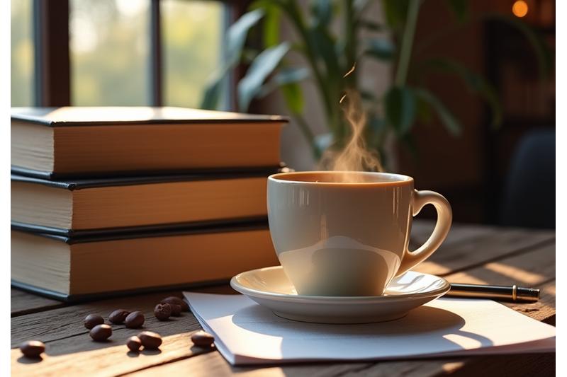 Law books and a coffee cup on a wooden table, symbolizing legal agreements over coffee.